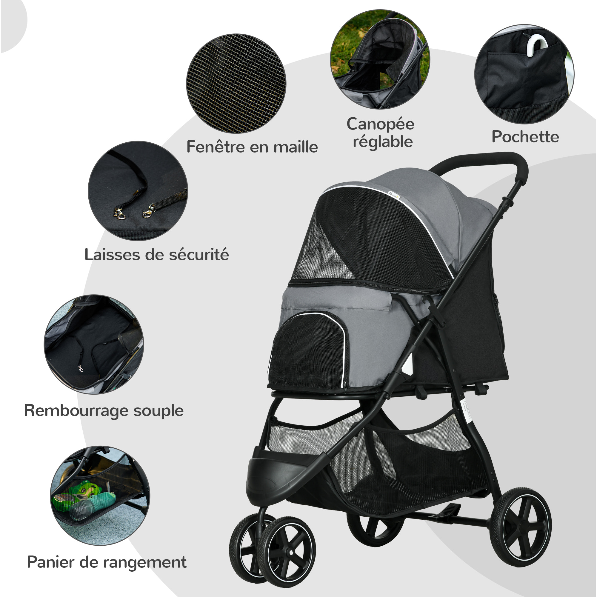 Poussette buggy pliable pour chien chat - 2 attaches, guidon réglable, panier - acier oxford gris