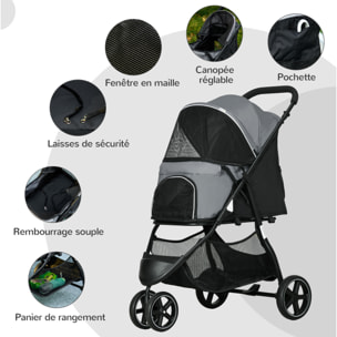 Poussette buggy pliable pour chien chat - 2 attaches, guidon réglable, panier - acier oxford gris