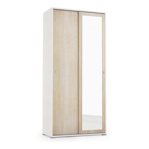 Guardaroba Tulipano, Armadio a 2 ante scorrevoli e specchio, Mobile con barra appendiabiti e ripiani, 100% Made in Italy, Cm 90x45h195, Rovere e Bianco