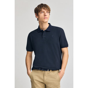 Polo azul marino de algodón y lino con dos botones y monograma bordado