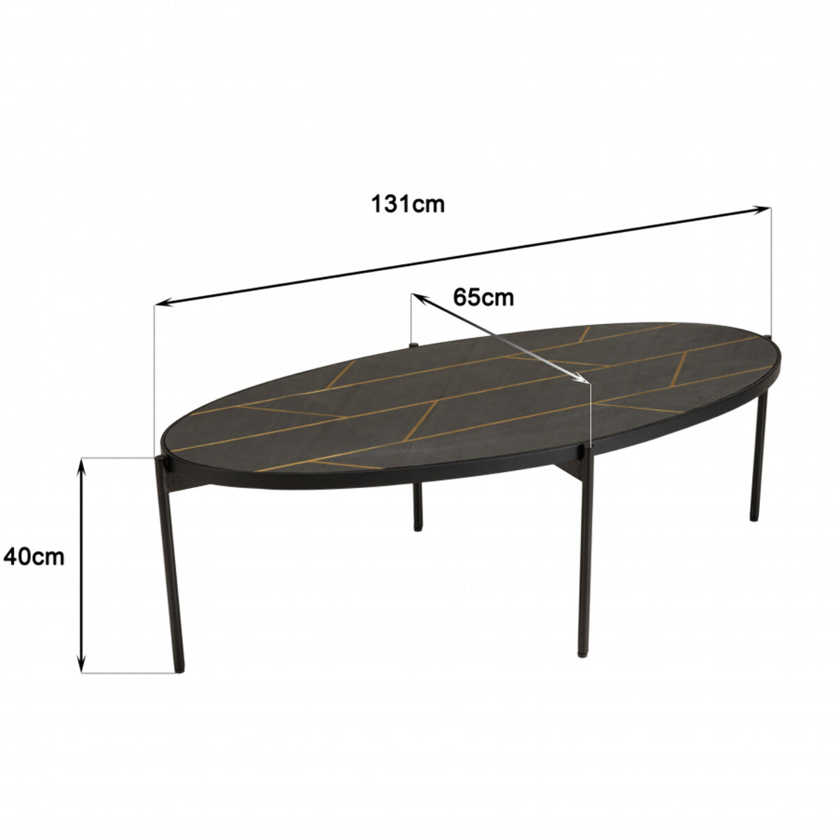 BASILE - Table basse ovale 131x65cm effet pierre motifs dorés