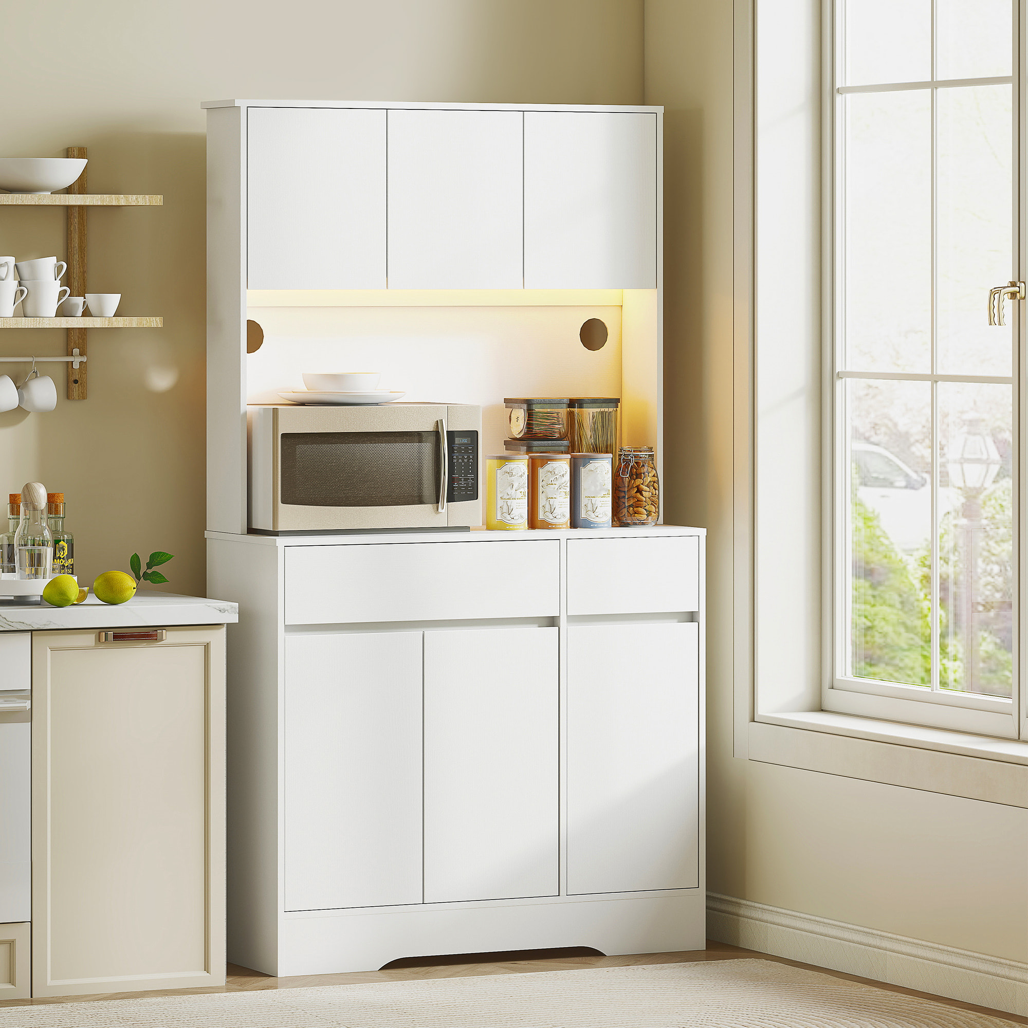 Alacena de Cocina con Luz LED RGB, Mueble de Cocina con Encimera para Microondas, 6 Puertas, 2 Cajones, Estantes Ajustables y Control Remoto, 100x38x180 cm, Blanco