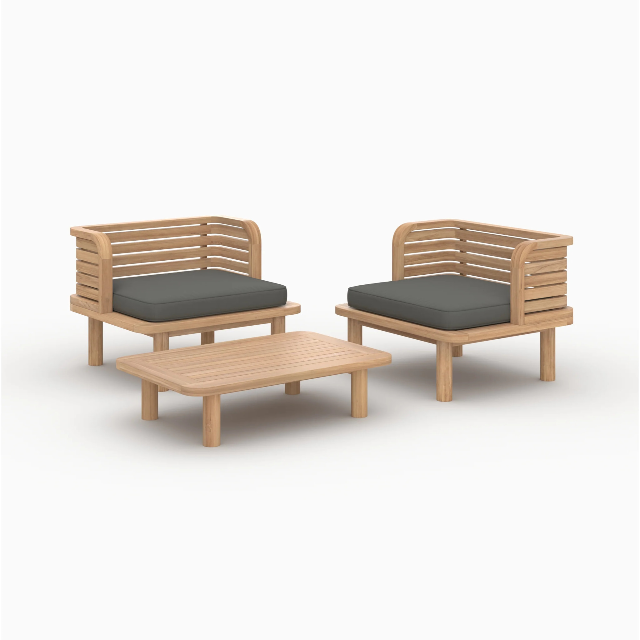 Salon de jardin 2 places en teck et tissu gris, 2 fauteuils - Kilda