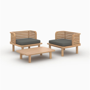 Salon de jardin 2 places en teck et tissu gris, 2 fauteuils - Kilda