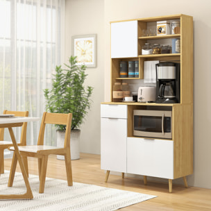 Alacena de Cocina Aparador Alto Mueble Auxiliar de Cocina con 3 Puertas Cajón Estante Ajustable Encimera para Microondas y Toallero 93x40x180 cm Natural y Blanco