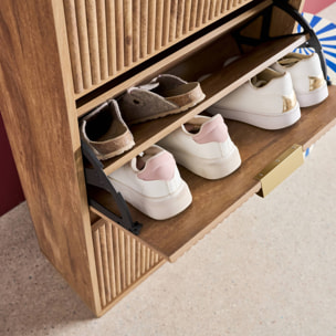 Meuble à chaussures décor bois de manguier rainuré 3 abattants - L 60 x P 25 x H 121 cm - Celian