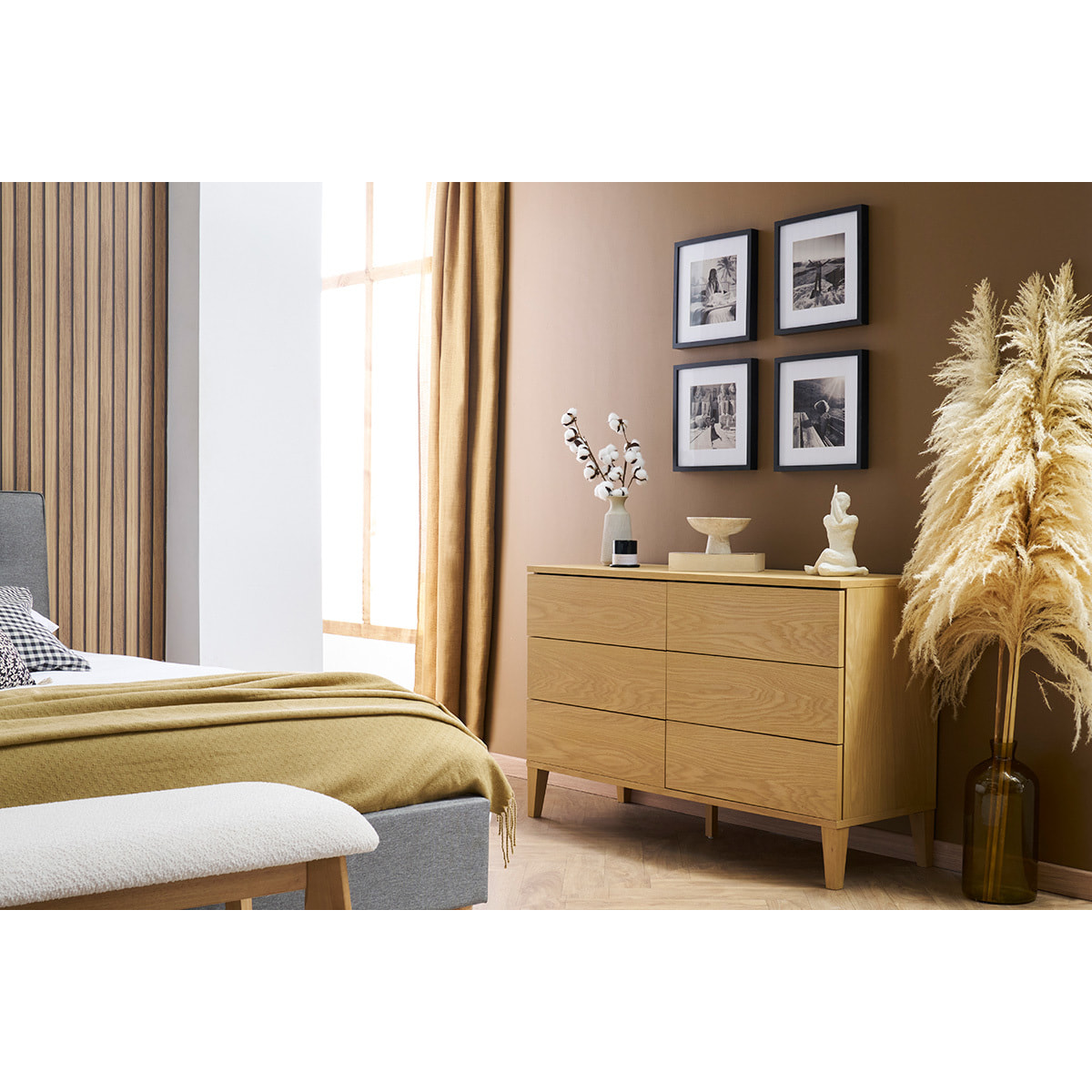 Commode en bois clair chêne 6 tiroirs L120 cm FREDDY