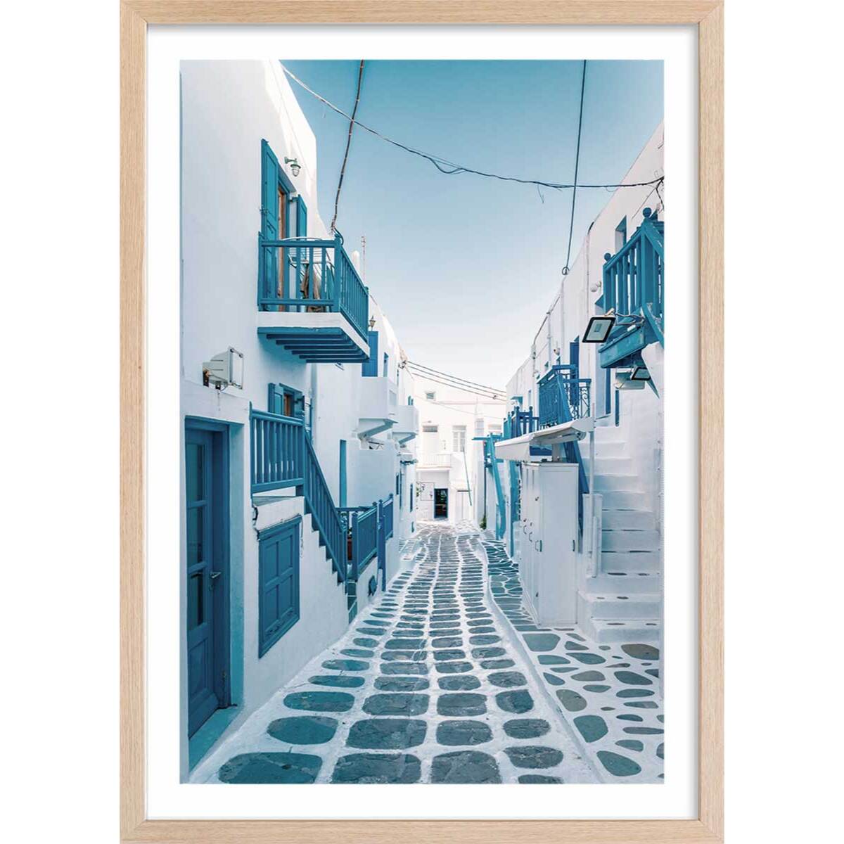 Poster rue bleue santorin Affiche + cadre en bois - Chêne