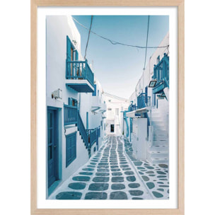 Poster rue bleue santorin Affiche + cadre en bois - Chêne
