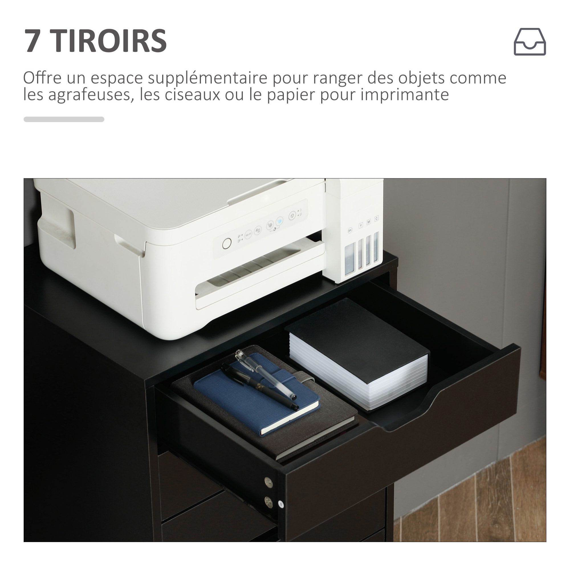 Caisson bureau - rangement bureau 7 tiroirs - dim. 47,5L x 39,5l x 90H cm - noir