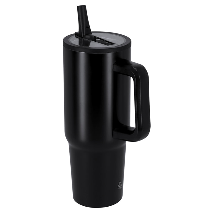 Jarra térmica de 870 ml de capacidad en Acero Inoxidable Reciclado con doble pared, tapadera hermética con boquilla plegable para beber y asa de transporte ergonómica. Libre de BPA