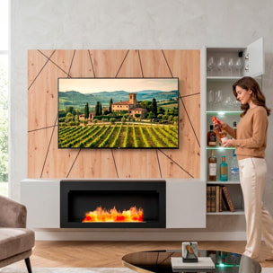 Parete Attrezzata Moderna Per Tv Con Biocamino E Pannello Design Geometrico 2 Ante Ribalta  E 1 Vano A Giorno 200 x 40 x 158 Cm Grigio E Rovere