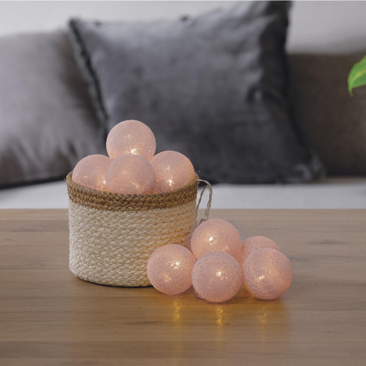 Guirlande LED à pile 10 boules - rose clair - L165 cm