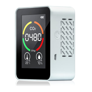 Monitor di qualità dell'aria per interni. Rilevamento di CO2, con allarme acustico e visivo. Termometro, TVOC e igrometro.