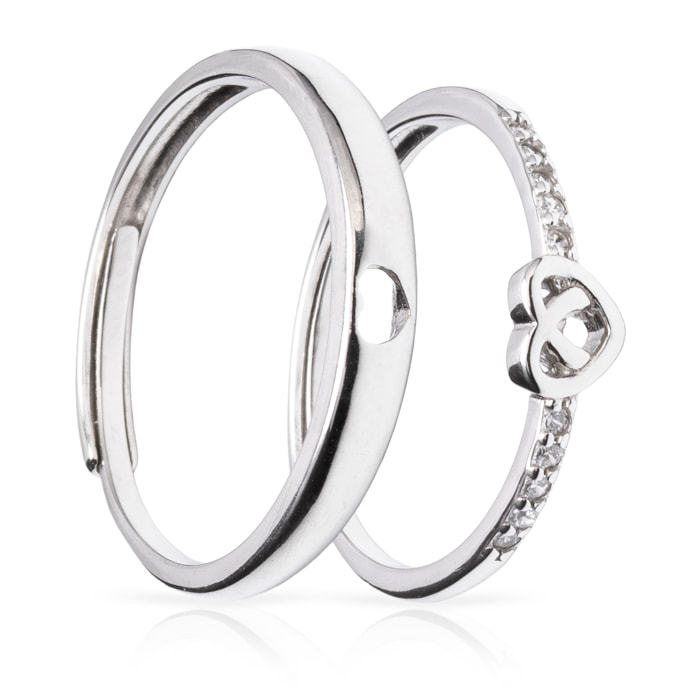 Anillos de compromiso a juego con diseño corazón en plata de ley 925. Ajustables.