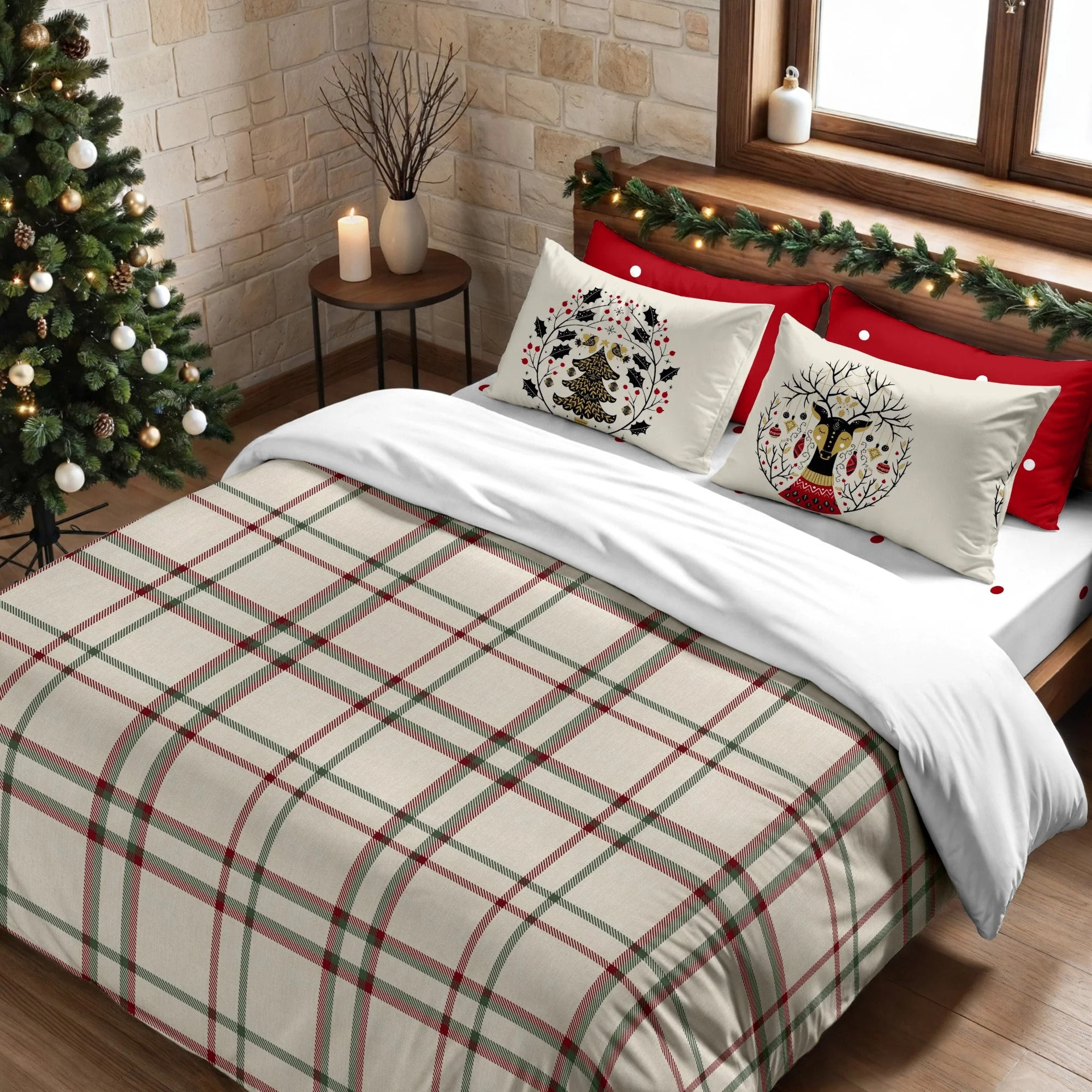 Housse de couette avec pressions 100% coton Carreaux Noël