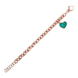 Bracciale Catena Rolo con Ciondolo Cuore in Pietra Naturale di Malachite Verde