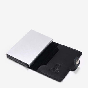 Tarjetero automático azul piel grabada