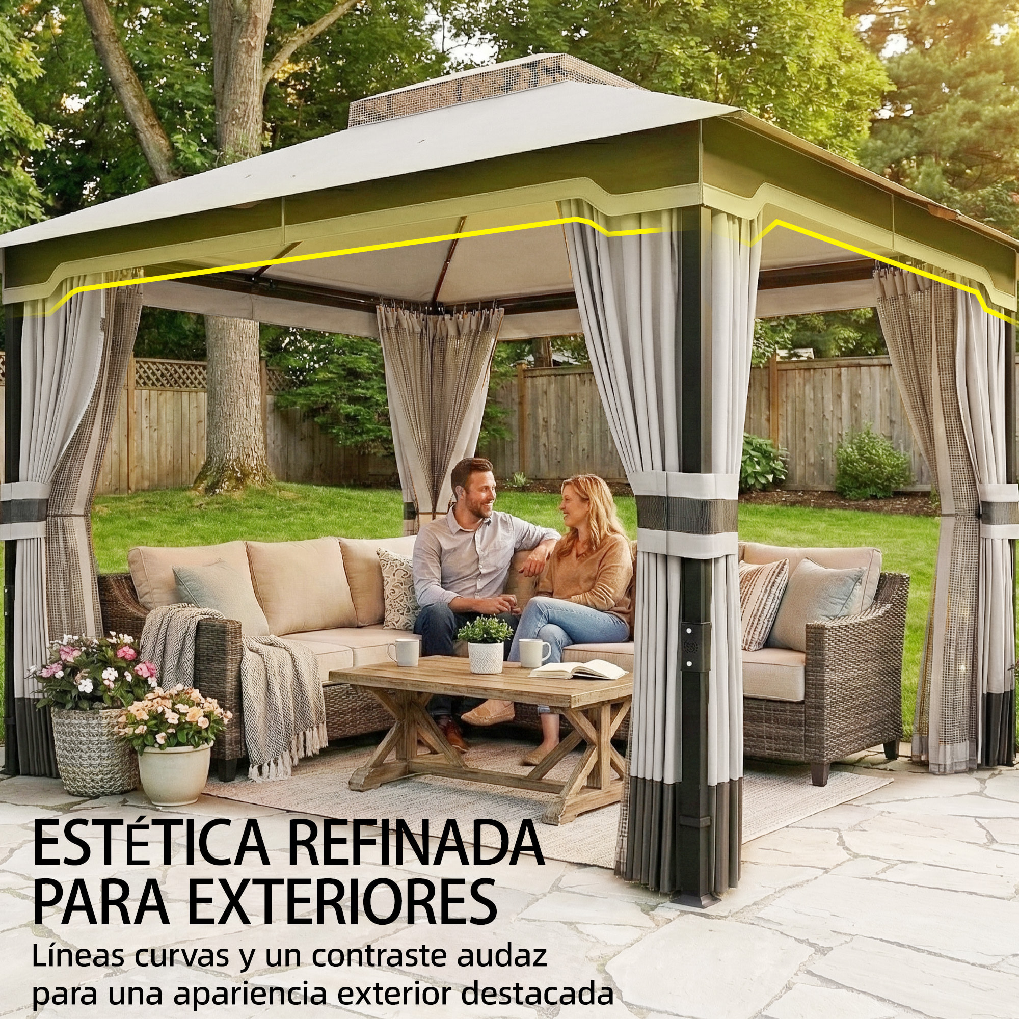 para Jardín 3x3,6 m, Pabellón de Jardín Gazebo con Doble Techo, 4 Paredes Laterales y Mosquitera, Estructura Metálica, Drenaje, Carpa para Exterior, Terraza, Patio, Gris Claro