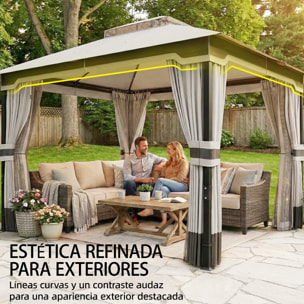 para Jardín 3x3,6 m, Pabellón de Jardín Gazebo con Doble Techo, 4 Paredes Laterales y Mosquitera, Estructura Metálica, Drenaje, Carpa para Exterior, Terraza, Patio, Gris Claro