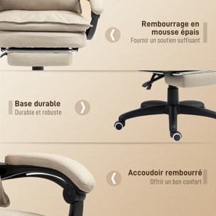 Fauteuil de bureau direction massant hauteur réglable dossier inclinable repose-pied intégré toile de lin beige