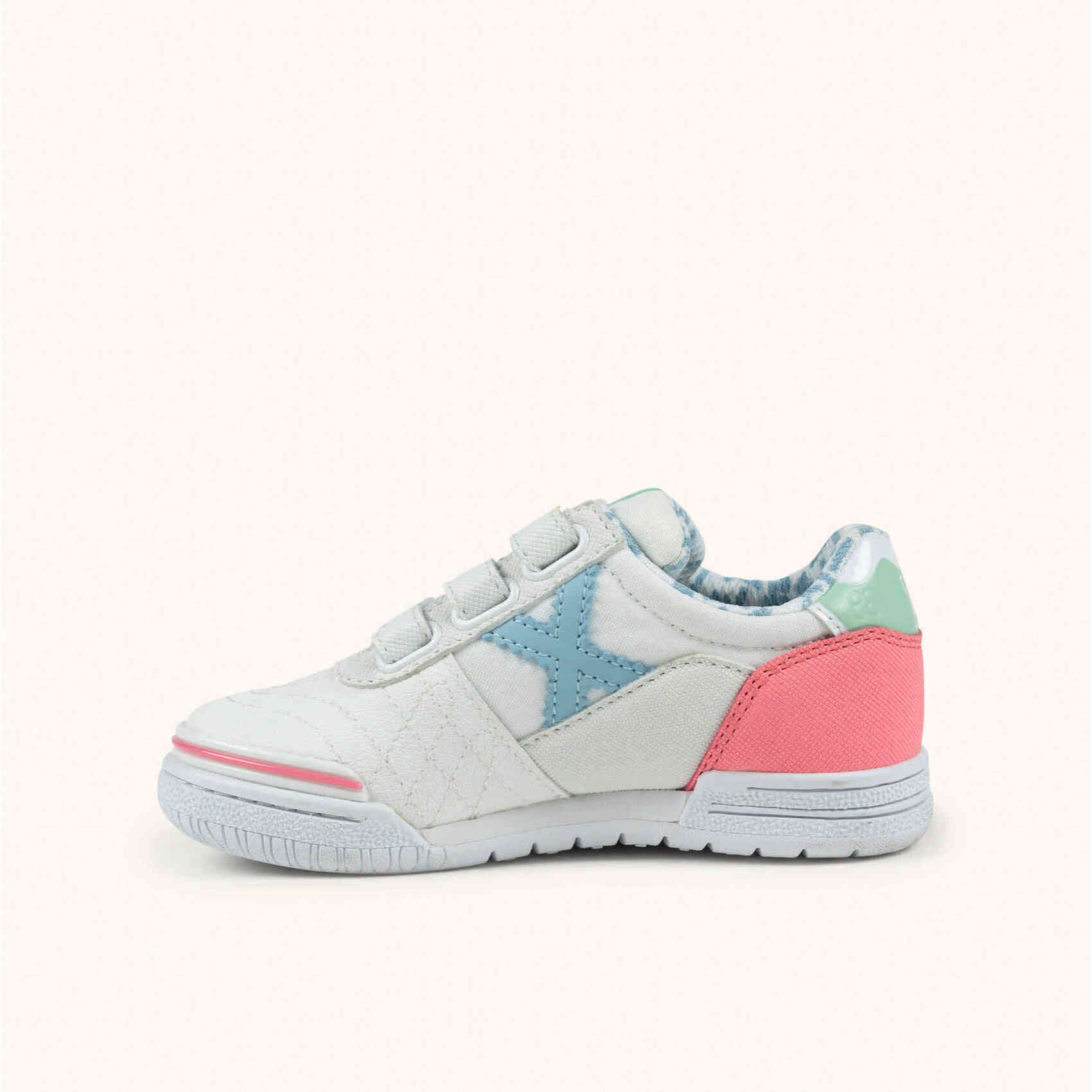 MUNICH G-3 KID VCO 461 Zapatillas Infantiles de Fútbol Sala Blancas con Detalles Rosa y Celeste con Triple Velcro