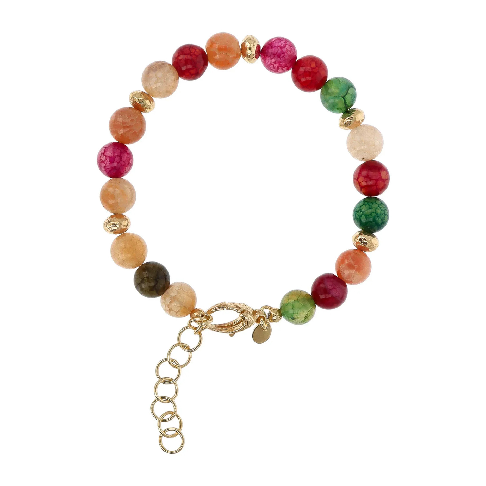 Bracciale in Argento 925 placcato Oro Giallo 18Kt con Elementi Martellati e Sfere in Avventurina Rosa Sfaccettata