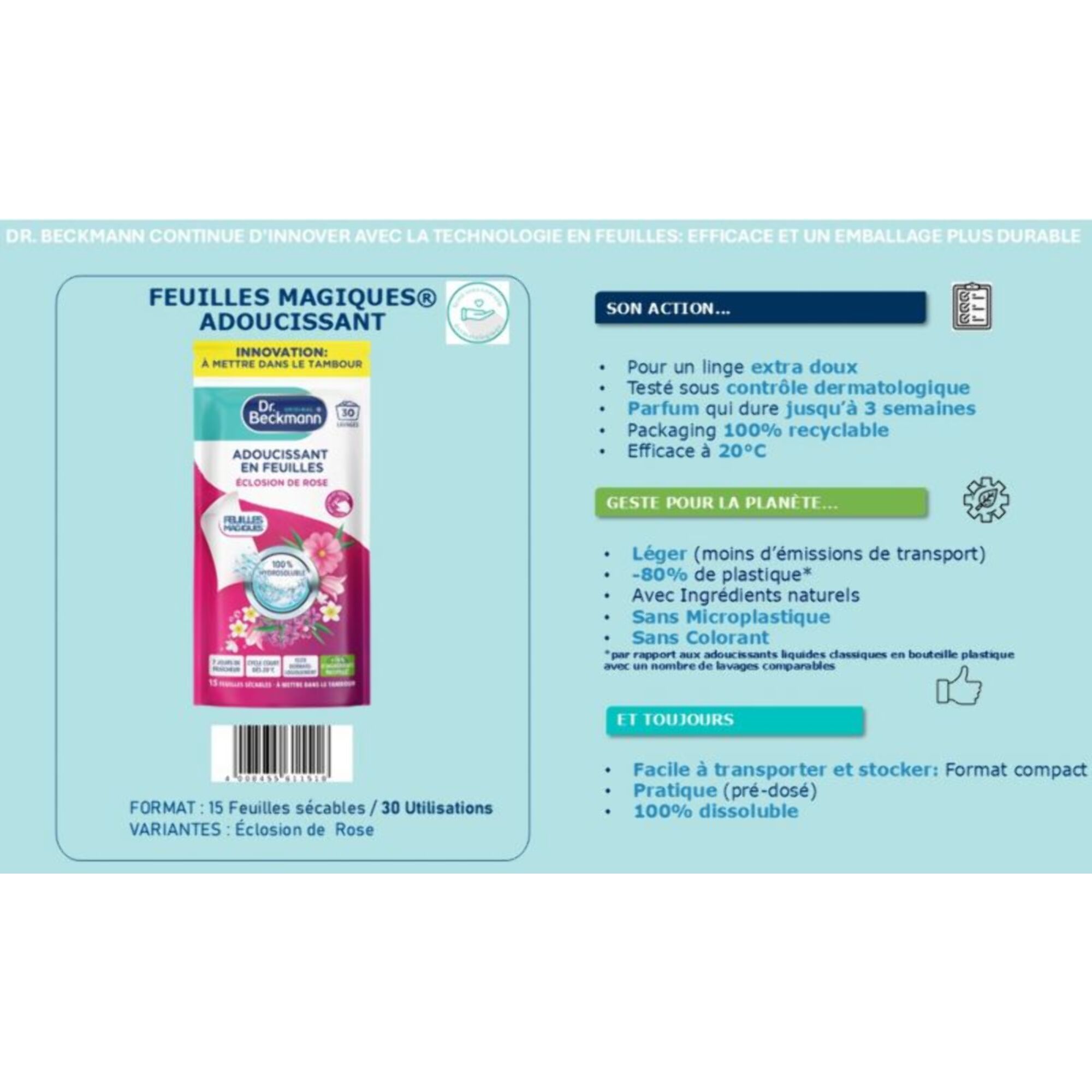 Adoucissant DR BECKMANN Feuilles Magiques - Adoucissant en Feuilles - Éclosion de Rose x30 lavages