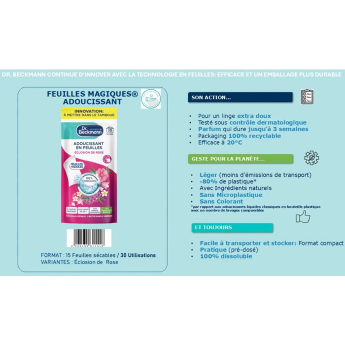 Adoucissant DR BECKMANN Feuilles Magiques - Adoucissant en Feuilles - Éclosion de Rose x30 lavages