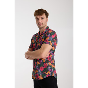 camicia uomo manica corta Popeline Stampato Blu/Arancio