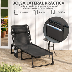 Tumbona Plegable, Tumbona Jardín Exterior Reclinable 5 Posiciones, con Reposacabezas Acolchado, Bolsillo Lateral y Estructura de Acero, para Terraza, Piscina, 189x58x30 cm, Negro
