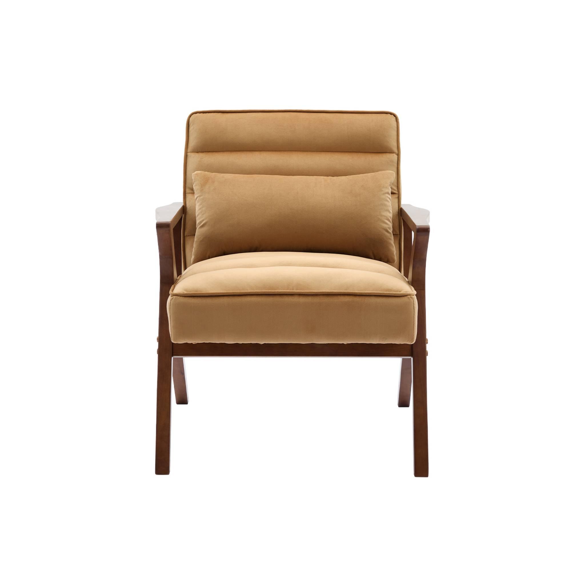 Fauteuil scandinave bois d'hévéa et velours camel