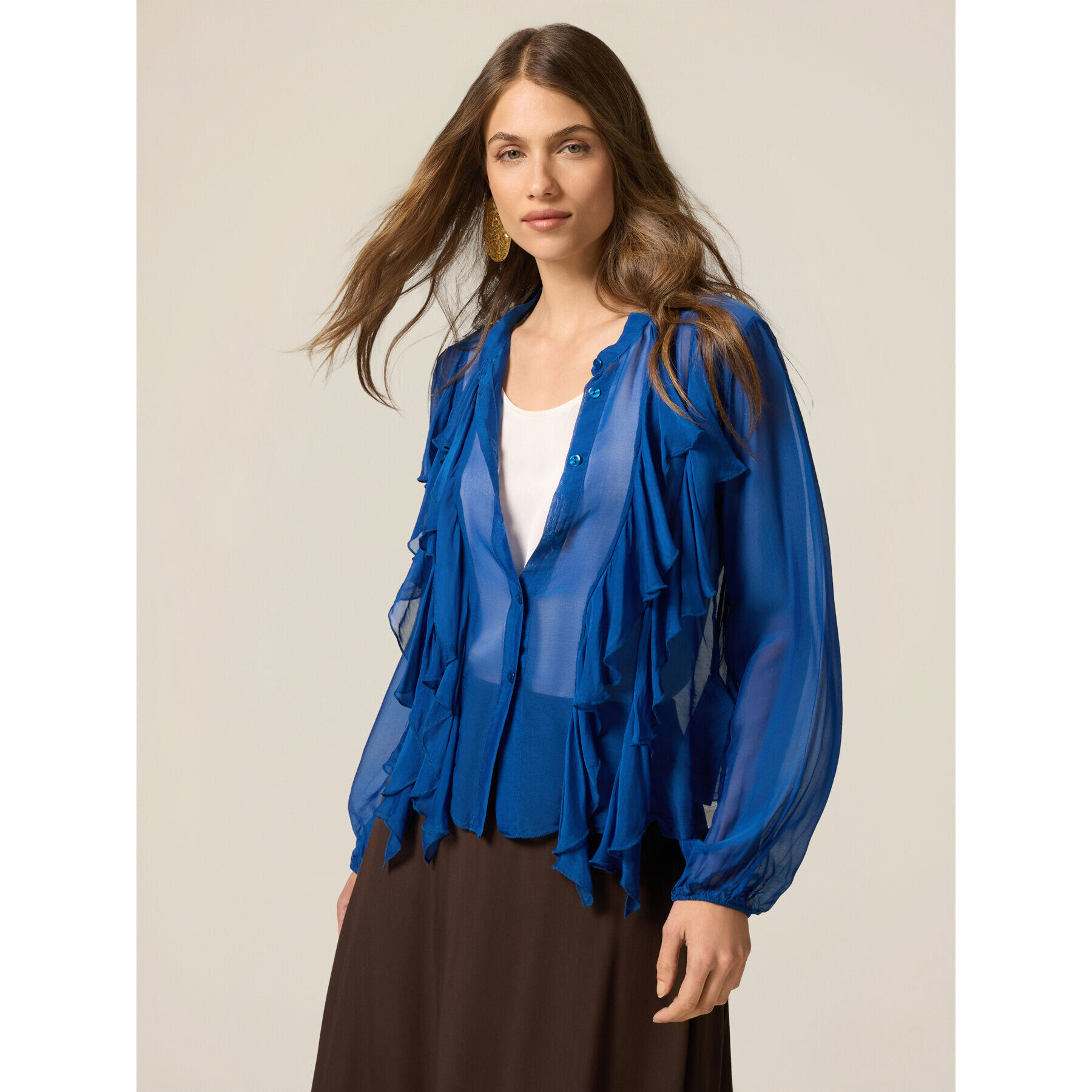 Oltre - Camicia misto seta con volant - Blu