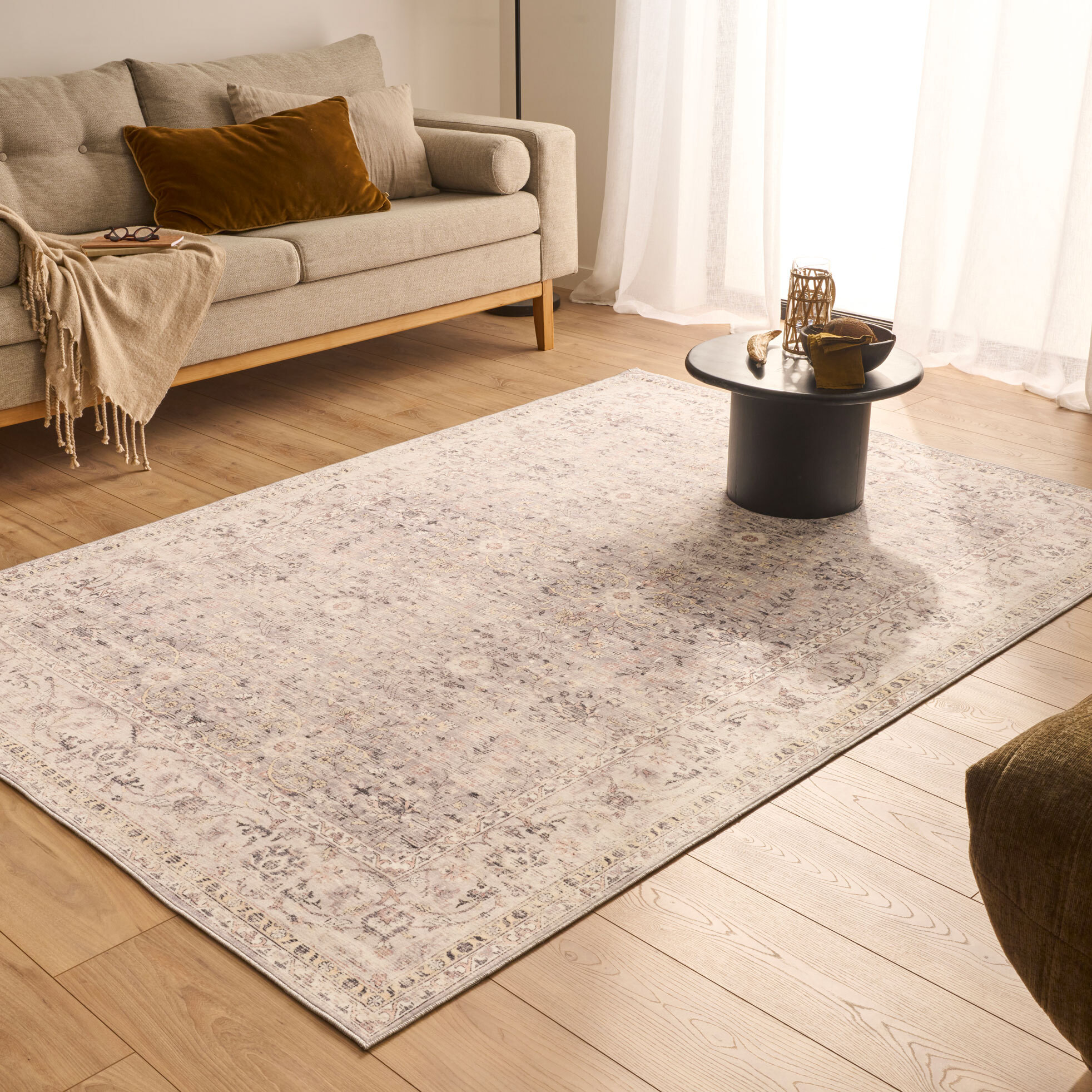 OTTOMAN - Tapis à poils courts doux à motif floral classique gris