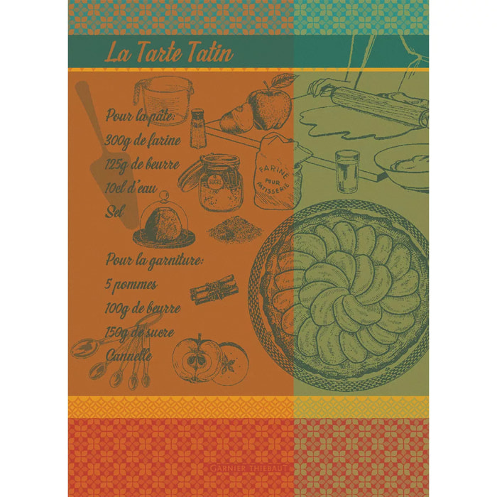 Torchon pur coton motif jacquard vert orange Tarte tatin orange