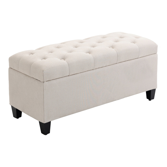 Banquette coffre de rangement style Chesterfield dim. 100 x 40 x 44 cm piètement bois noir tissu beige clair