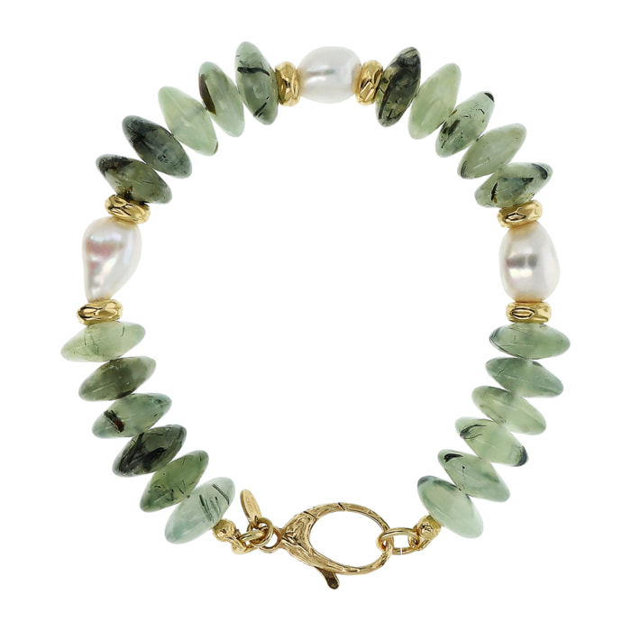 PERLAVIVA - Bracciale in Argento 925 placcato Oro Giallo 18Kt con Prehnite Verde e Perle Bianche d'Acqua Dolce