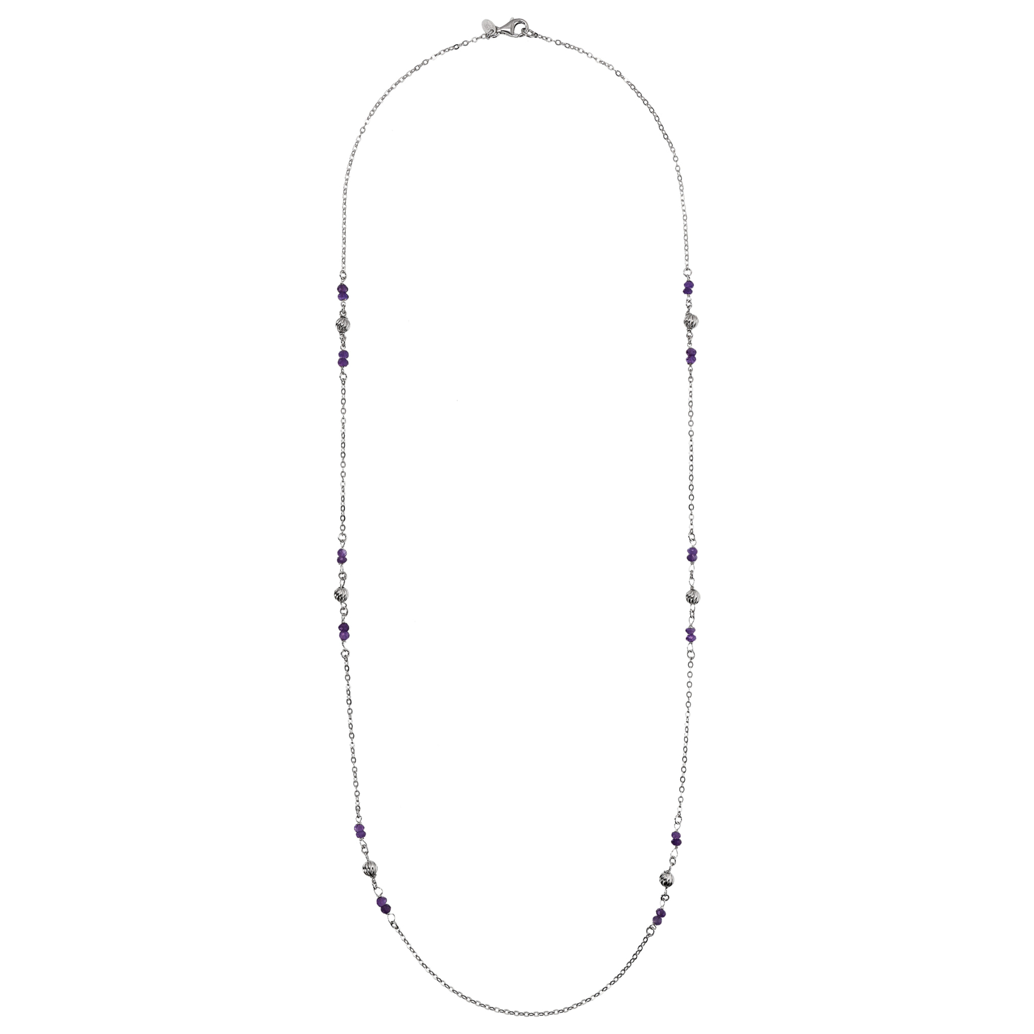 Collana Lunga Catena Rolo con Ametista Viola e Sfere Rigate in Argento 925 placcato Rodio