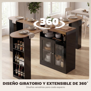 Mesa de Bar Extensible y Giratoria 90°, Mesa Alta Cocina con Estantes Abiertos y 2 Puertas de Vidrio para Comedor, 150x80x105,5 cm, Negro y Natural