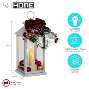 farolillo decorativo navideño con luz led cálida imitación velas en diseño blanco con lazo y ramitas h.29cm