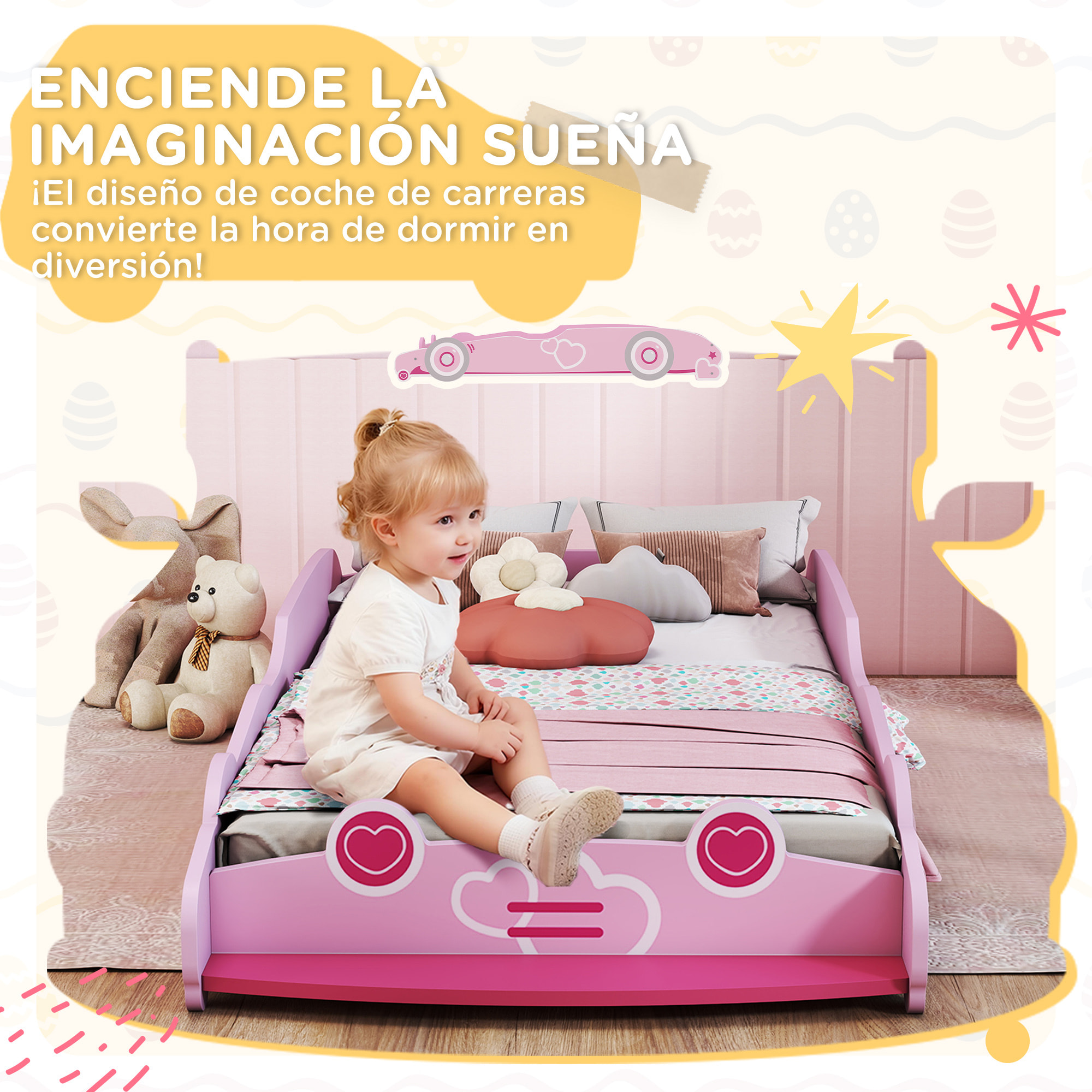 Cama Infantil 70x140 cm, Forma de Coche, Cama para Niños con Barrera Anticaídas y Somier, para Niños y Niñas de 3-5 Años, Rosa