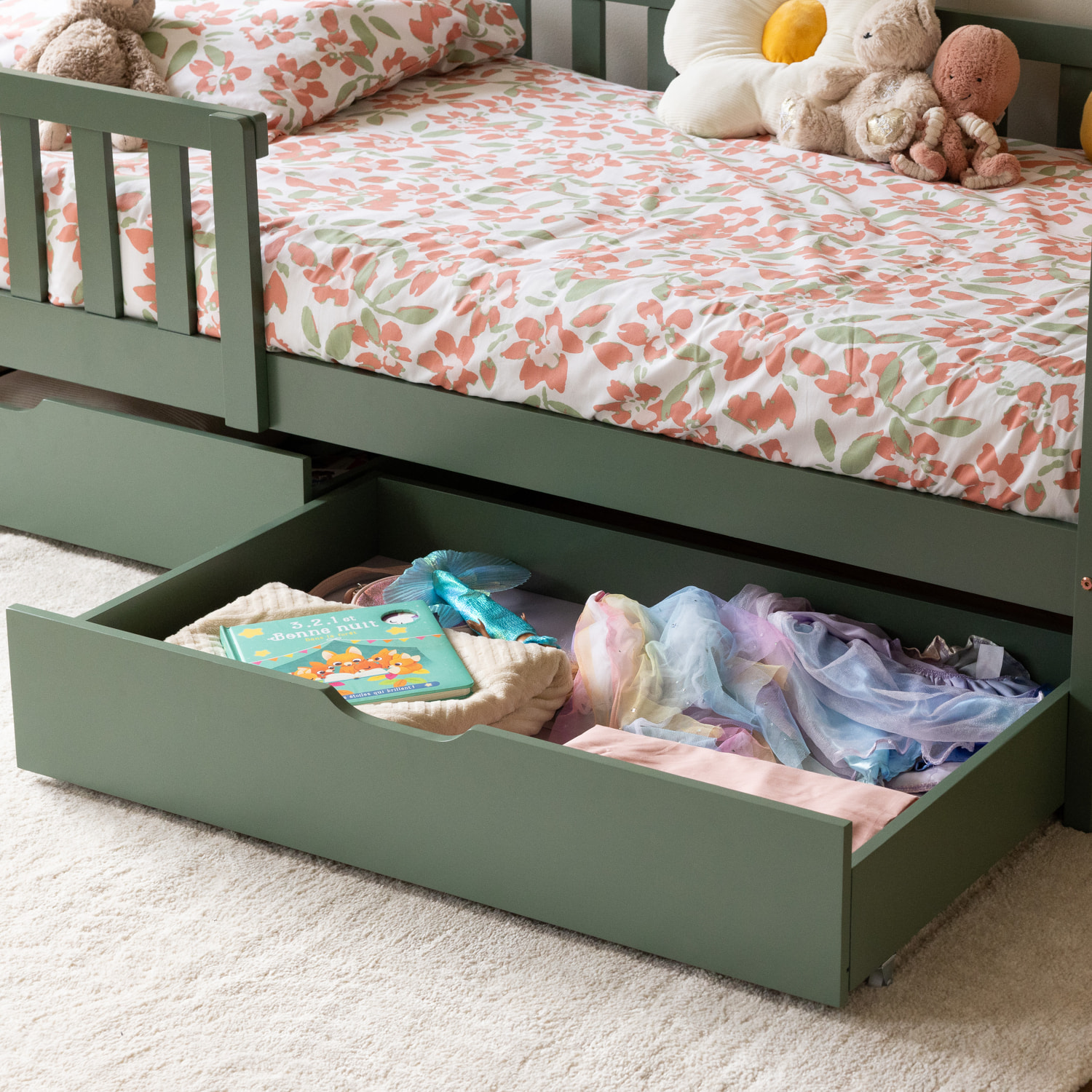 Lit cabane pour enfant 190x90cm vert avec tiroirs MARCEAU