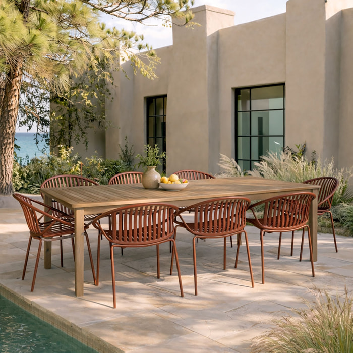 Ensemble table en bois d'acacia et 8 fauteuils de jardin brique CALYPSO