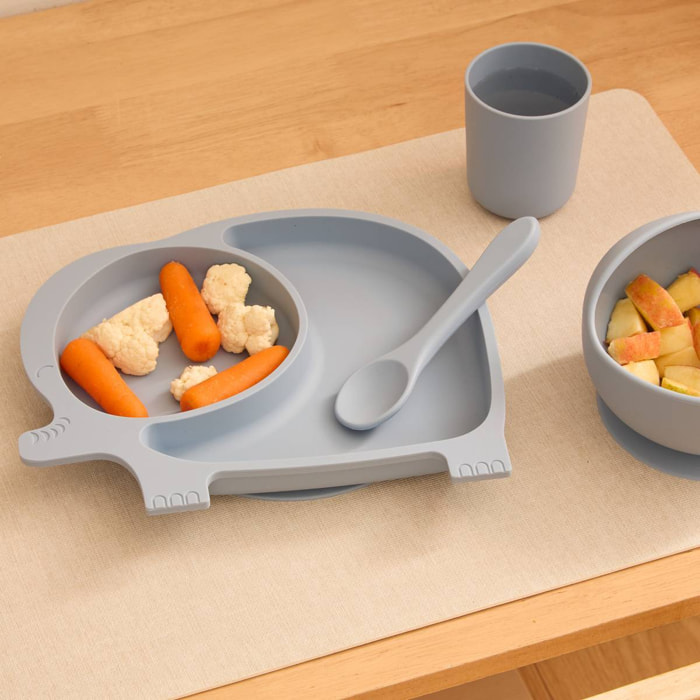 Set repas 4 pièces éléphant Yum silicone bleu gris
