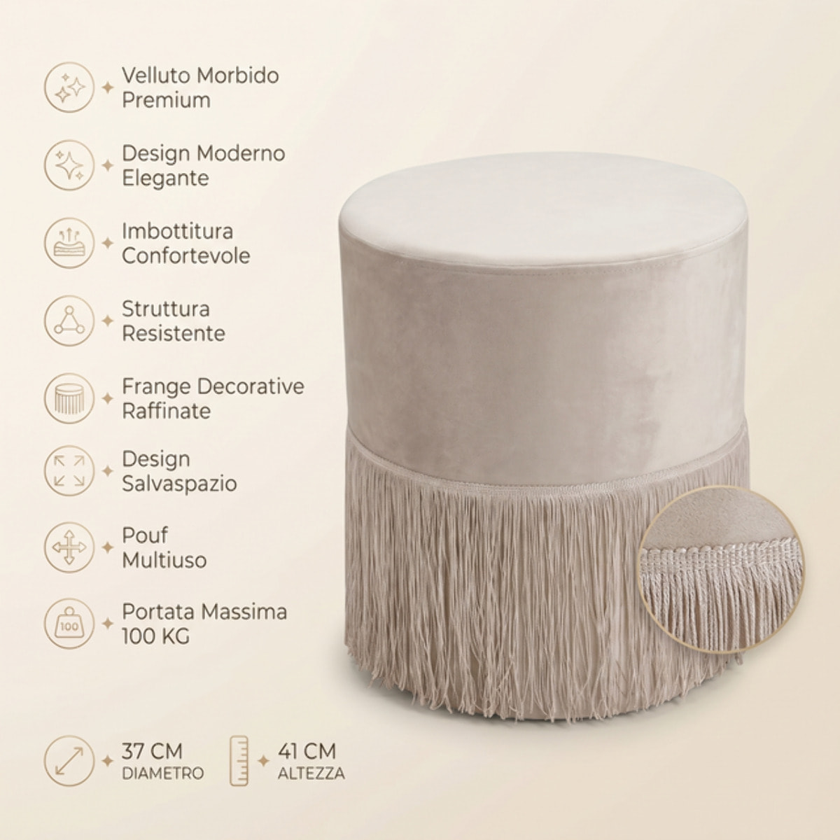 Pouf rotondo in velluto con frange decorative Ø34x40 cm, sgabello imbottito design glamour elegante, seduta decorativa per salotto camera da letto ingresso e cabina armadio, struttura resistente fino a 100 kg
