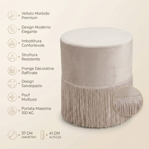 Pouf rotondo in velluto con frange decorative Ø34x40 cm, sgabello imbottito design glamour elegante, seduta decorativa per salotto camera da letto ingresso e cabina armadio, struttura resistente fino a 100 kg