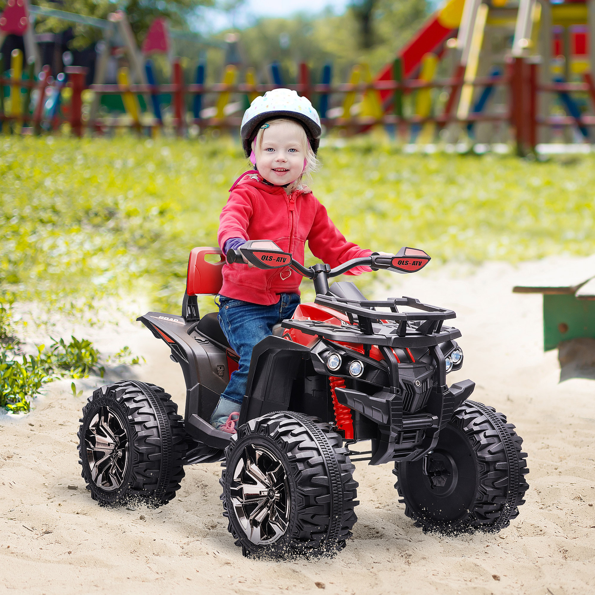 Voiture 4x4 quad buggy électrique enfant 12 V 5 Km/h max. effets lumineux sonores selle avec dossier porte-bagage avant métal PP rouge noir