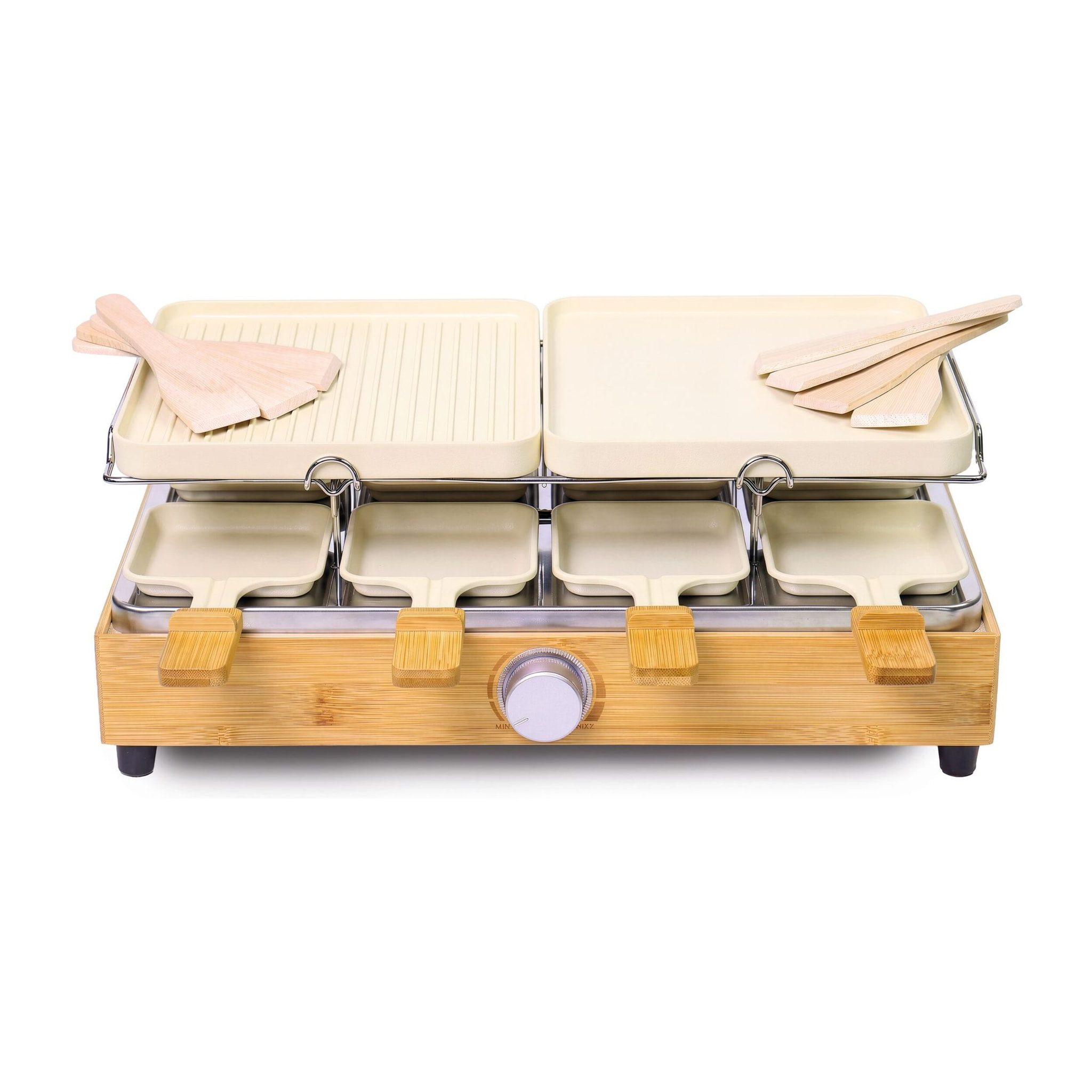 Appareil à raclette 8 personnes en aluminium crème et bambou