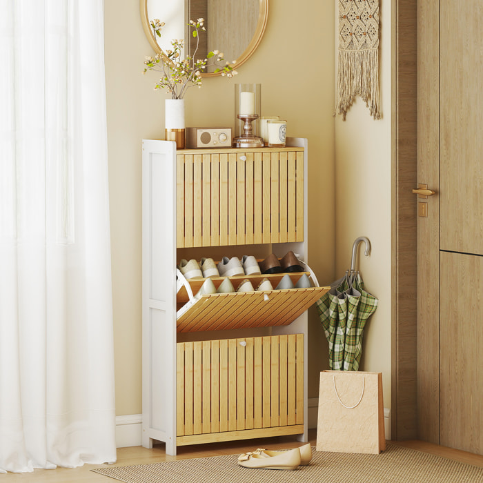 Zapatero Estrecho con 3 Puertas de Bambú con Listones Zapatero Entrada Recibidor con Estantes Ajustables para 18 Pares de Zapatos 60x24x118 cm Blanco y Natural