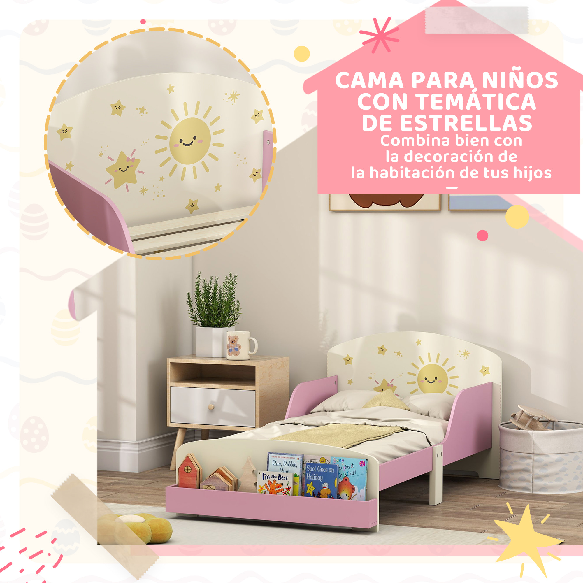 Cama infantil 70x140 cm de Madera con Almacenaje Cama para Niños de +3 Años con Protección Anticaída Cabecero en Dibujos de Estrellas Carga 40 kg para Dormitorio Rosa